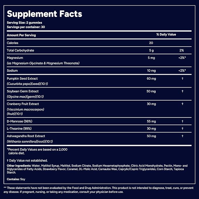 QuietLab N1 Nighttime Bladder Support Gummies - Helps Reduce Nighttime Bathroom Trips for Men &amp Women - Pumpkin Seed D-Mannose Ashwagandha for Sleep &amp Bladder Control - Strawberry Flavor (60