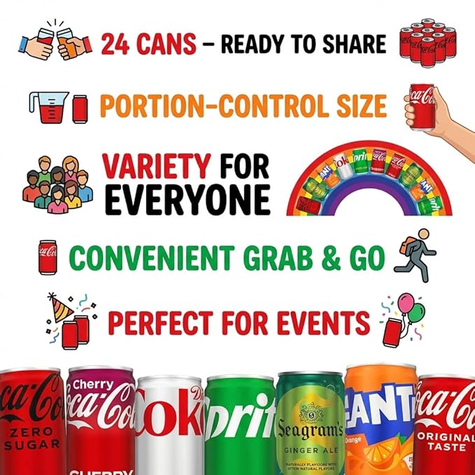 Coca-Cola Variety Pack – 24 Pack Assorted Mini Soda (7.5 Fl Oz Cans) – Coke Cherry Coke Diet Coke Coke Zero Fanta Orange Seagram’s Ginger Ale &amp Sprite