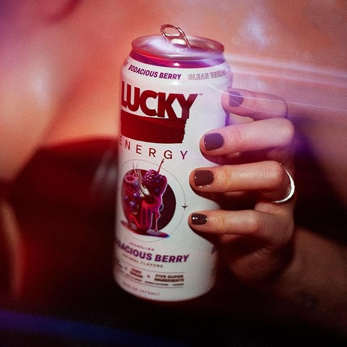 Lucky Energy Sugar Free Energy Drinks Bodacious Berry 16oz Cans (12-Pack) Healthy Zero Sugar Energy Drink with Maca Ginseng Beta-Alanine Taurine &amp 200mg Caffeine