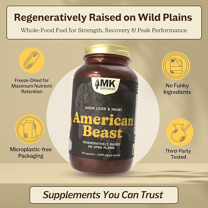 MK Supplements American Beast Bison Organ Supplement for Athletes Supports Strength Endurance &amp Recovery Freeze-Dried Non-GMO Bison Liver &amp Bison Heart 30 Servings (3000 mg Each)