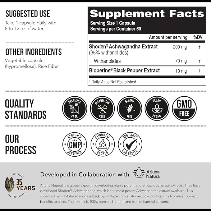 Ashwa-70®: Ashwagandha Extract - 35% Withanolides | Max Strength Highest Withanolide Concentration - Mood &amp Performance - Enhanced Absorption with BioPerine® Black Pepper (60 Capsules)