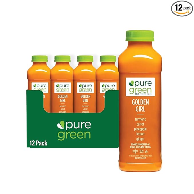 Pure Green Cold Pressed Juice - Golden Girl - Fresh Functional Blend with Turmeric Carrot Pineapple Lemon Ginger - Natural Gluten Free Non-GMO No Artificial Colors or Flavors - Made from Real F