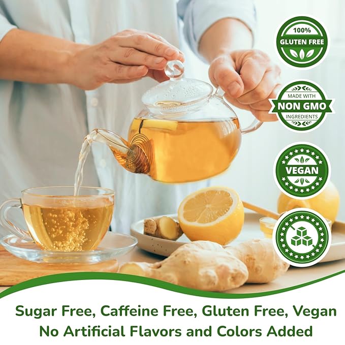 VIDA FARM 100 Lemon Ginger Tea Bags 100% Natural Ingredients - Warming &amp Spicy Blend Caffeine Free Sugar Free Non-GMO Lemon &amp Ginger Herbal Tea Beverage