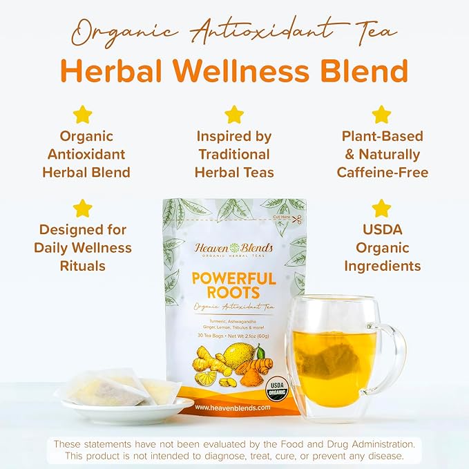 Heaven Blends Powerful Roots Organic Herbal Tea – Antioxidant Blend with Turmeric Ginger Ashwagandha Cinnamon Black Pepper &amp Tribulus Fruit – 30 Caffeine-Free Tea Bags – USDA Organic