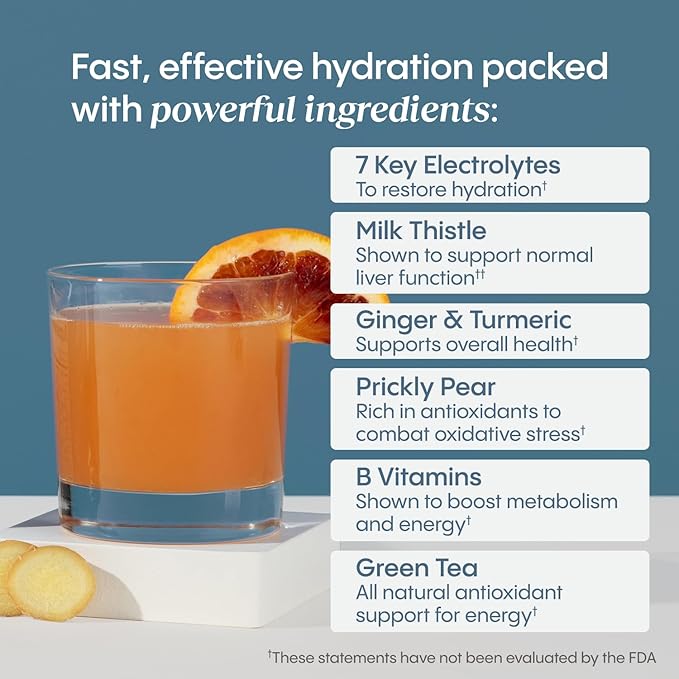 Hydralyte Liver Support + Electrolyte Mix with Milk Thistle Turmeric Ginger Prickly Pear Green Tea Extract Formulated for Rapid Rehydration (Blood Orange Ginger 20 Packets)