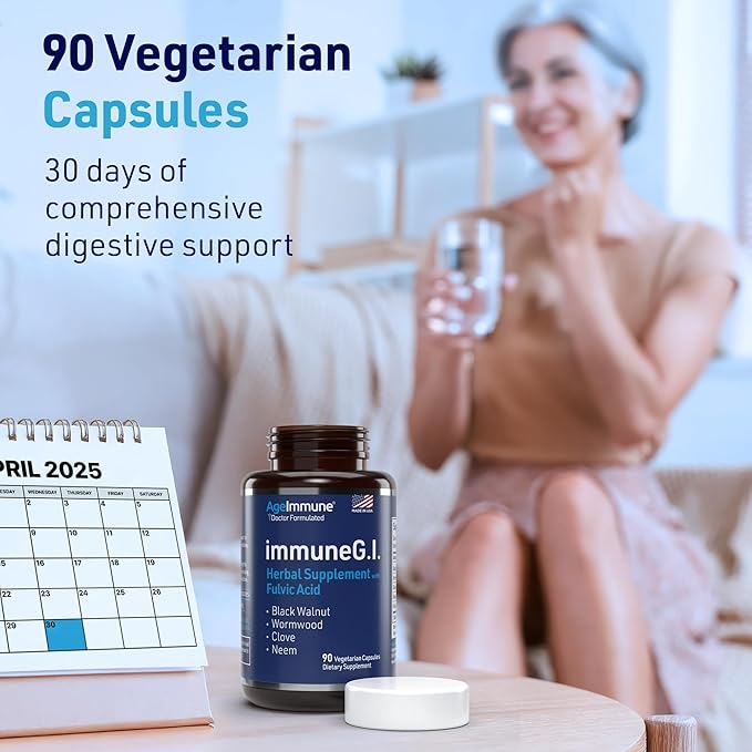 AgeImmune ImmuneG.I. Wormwood Black Walnut Clove Neem Fulvic Acid- Intestinal Cleanse Formula Doctor Formulated to Support Gut Health and Detox - No Stearates No Dioxides – 90 Capsules