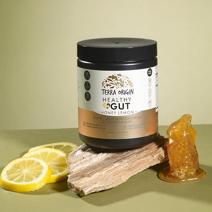 TERRA ORIGIN Healthy Gut Powder (Honey Lemon) | 30-Servings with L-Glutamine Zinc Glucosamine Slippery Elm Bark and More!