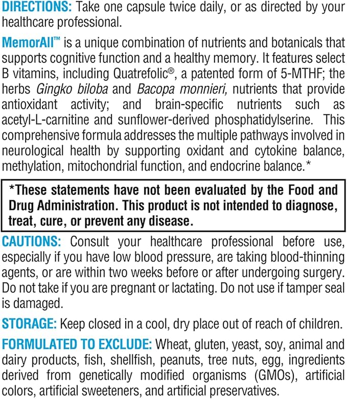 XYMOGEN MemorAll - Brain Support Supplement - Vitamins + Botanicals That Support Cognitive Function and Healthy Memory - Folate Ginkgo NAC Phosphatidylserine B12 B6 Huperzine A (60 Capsules)