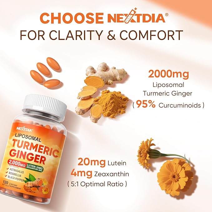 Liposomal Turmeric and Ginger Supplement Pills w/Lutein Zeaxanthin Softgels Organic Turmeric Curcumin with Black Pepper 2000mg Gel Capsules 95% Curcuminoids Superior Absorption Non-GMO 120ct
