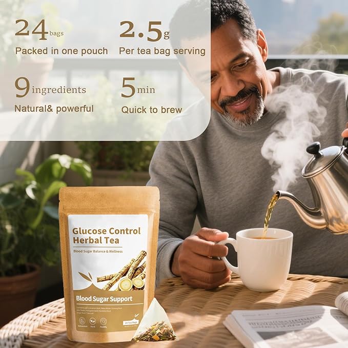 AnderHerbs Blood Sugar Support Tea - Ginseng Cinnamon Gymnema Bitter Melon Milk Thistle Fenugreek Tulsi &amp Ginger - For Maintaining Blood Sugar Levels - Suitable for Hot &amp Cold Brewing (1