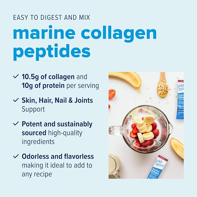 Just Bjorn Marine Collagen Peptides Powder On-The-Go Stick Packs (10 Pack) + 30 Serving Pouch (11.5 Ounce) - Skin Hair Nail and Joint Support - Hyaluronic Acid Vitamin C Amino Acids - Unflavored