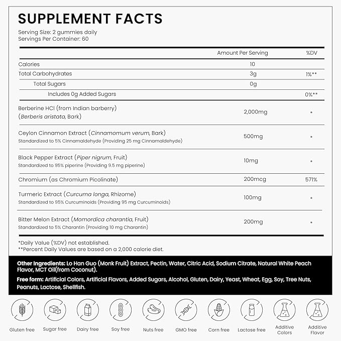 Berberine HCl Gummies Supplement 2000mg High Potency Berberine with Ceylon Cinnamon Chromium and Bitter Melon for Women &amp Men Metabolism Support AMPK Sugar Free Vegan 120 Count 60 Day Supp
