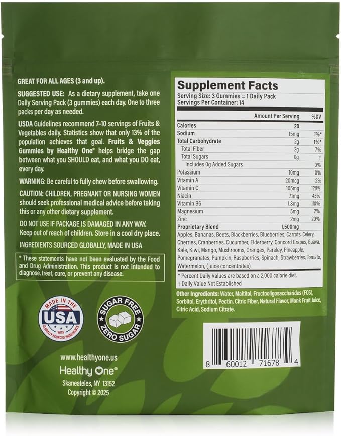 Fruits &amp Veggies Sugar-Free Gummies - 27 Whole Foods - Equals 3 Servings of Fruits &amp Vegetables - Improve Energy Focus &amp Immune Function - Fiber - Antioxidants - Organic Ingredients - 28