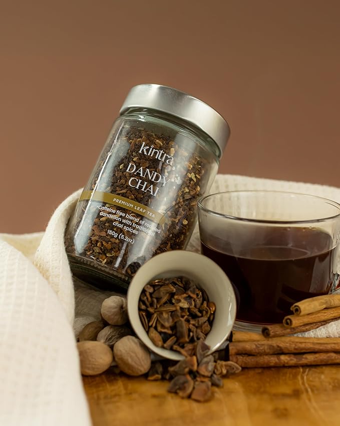 Kintra Foods Loose Leaf Dandy Chai Herbal Tea Jar 150g | Dandy Blend Instant Herbal Beverage with Dandelion | Spiced Dandelion Root Herbal Infusion Warming &amp Digestive Support Blend | Caffeine F