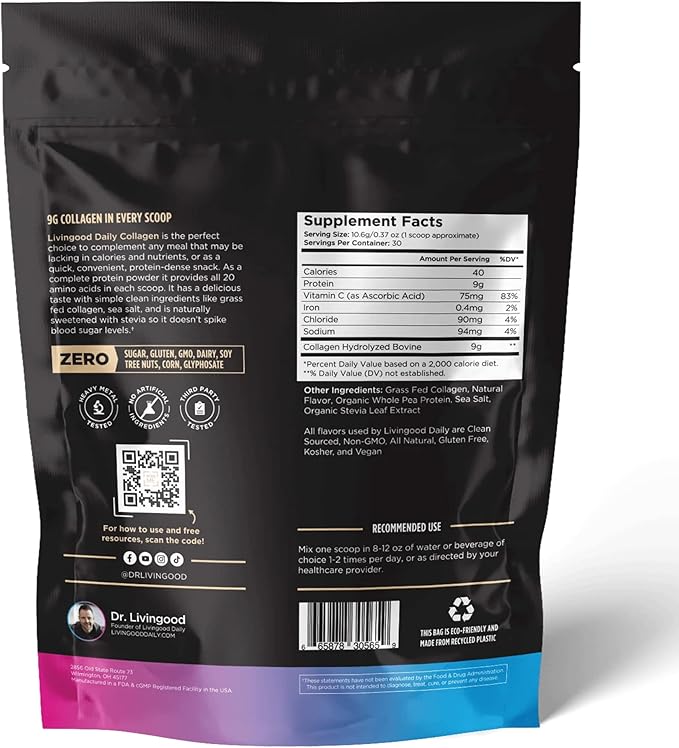 Livingood Daily Vanilla Collagen Powder for Women &amp Men Hydrolyzed Collagen Peptides Powder with Vitamin C Protein with 20 Amino Acids Type I &amp III Grass Fed Keto Paleo Gluten Free 30
