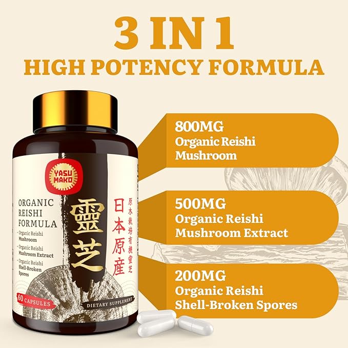 Japanese Reishi Mushroom Supplement 800mg with Reishi Mushroom Extract 500mg &amp Shell-Broken Spores 200mgOrganic Mushroom Capsules for Immune System - Real Fruiting Body (Pack of 1)