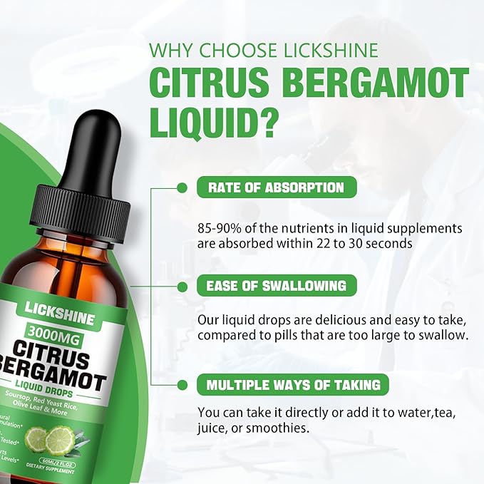 2 Pack 3000mg Citrus Bergamot Liquid Drops - High Absorption - Cholesterol Lowering Supplement for Immune Support Anti-Aging Hight Cholesterol - Soursop Bitters Liquid 4 Fl Oz