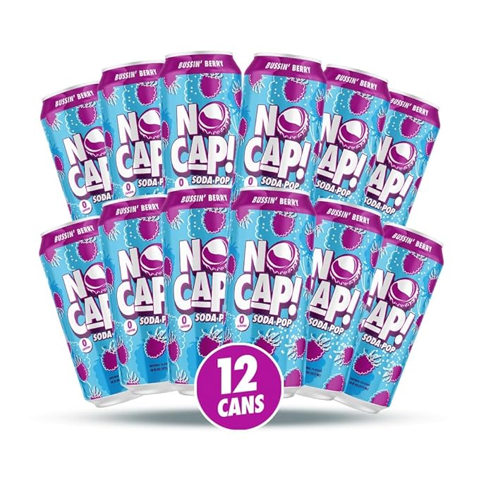 NO CAP! Next Gen Soda Pop with Zero Sugar Zero Calories and Electrolytes for Hydration Naturally Flavored Caffeine-Free Soda Vegan &amp Gluten-Free 16 oz Cans (Bussin Berry)