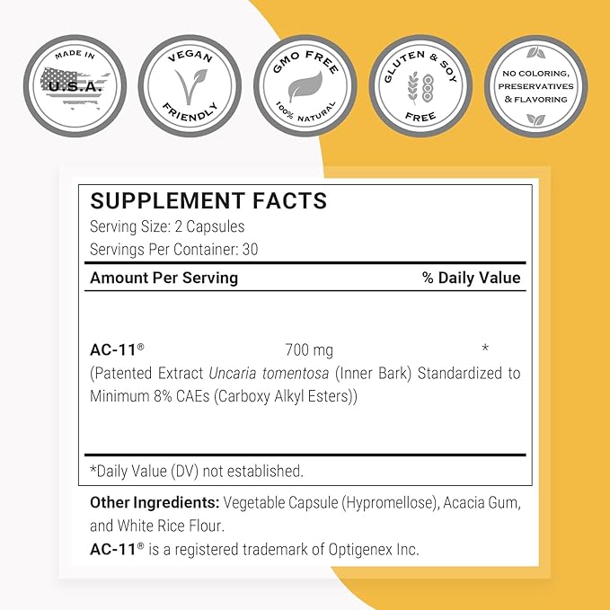 Supersmart AC-11 Supplement 700mg per Day (Cat's Claw Extract) - Uncaria Tomentosa Bark | Non-GMO &amp Gluten Free - 60 Vegetarian Capsules