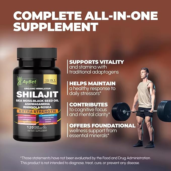 Shilajit for Men and Women-Organic Himalayan Shilajit Capsules with Sea Moss Black Seed Oil Ashwagandha Rhodiola Rosea Burdock Cordyceps Mushroom Ginseng Turmeric Ginger 120 Capsules
