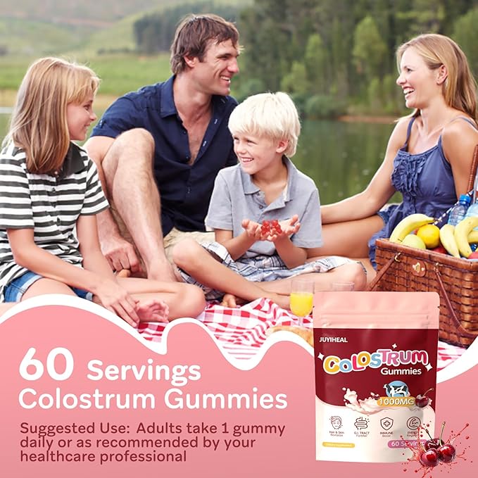 Colostrum Gummies 1000 mg Grass Fed Colostrum Chews Colostrum Supplement for Gut Health Hair Growth Beauty and Immune Support Cherry Flavor 60 Servings