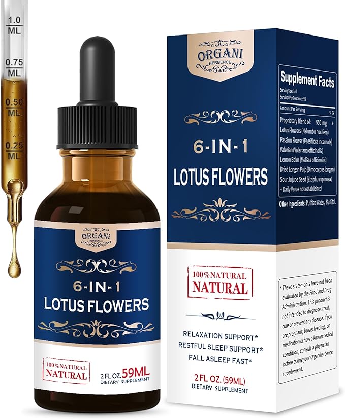 Lotus Flowers Extract Drops for Relaxation Restful Sleep Support 6-in-1 Herbal Supplement with Valerian Passion Flower and More. High Concentration &amp Fast Absorption Liquid Form. 2oz