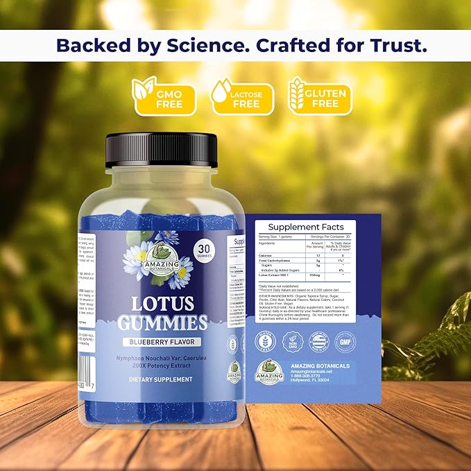 Amazing Botanicals Blueberry Lotus Flowers Gummies – Premium Relaxation &amp Calm Support – Vegan Non-GMO Gluten-Free Herbal Supplement 250MG - Berry Flavor (30 Count)