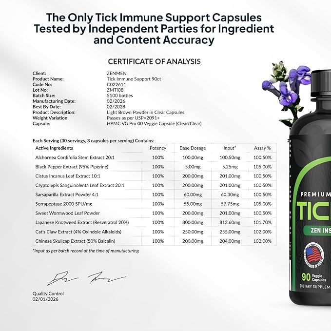 Zenmen Tick Immune Support Supplement - Improved Formula - Japanese Knotweed Cat's Claw Chinese Skullcap Cryptolepis Sanguinolenta Sweet Wormwood - 90 Vegan Capsules Made in The USA