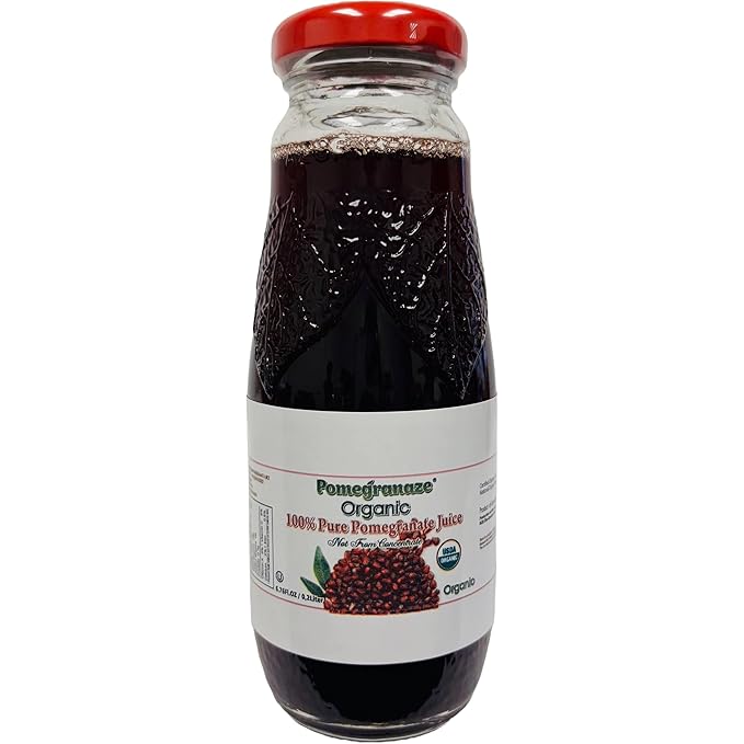 100% Organic Pomegranate Juice 6.7 Oz Glass Bottle (24 Pack) No Sugar No Artificial Colors No Preservatives No Flavors Added Gluten Free and Kosher
