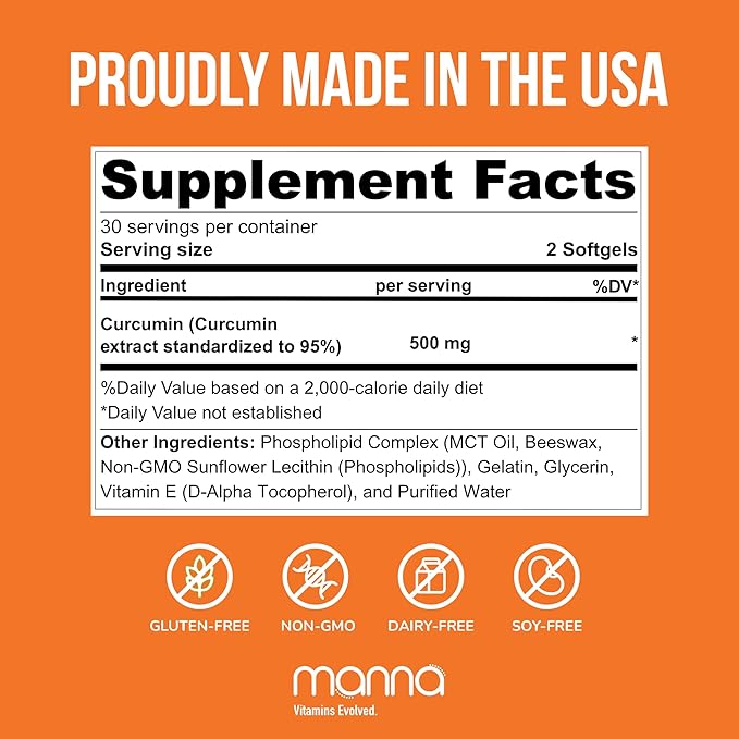 Manna Vitamins Evolved Liposomal Curcumin+ Softgels for Advanced Absorption Best Turmeric Supplement for Daily Joint &amp Immune Health Support - Non-GMO 500mg Curcuminoids (60ct)