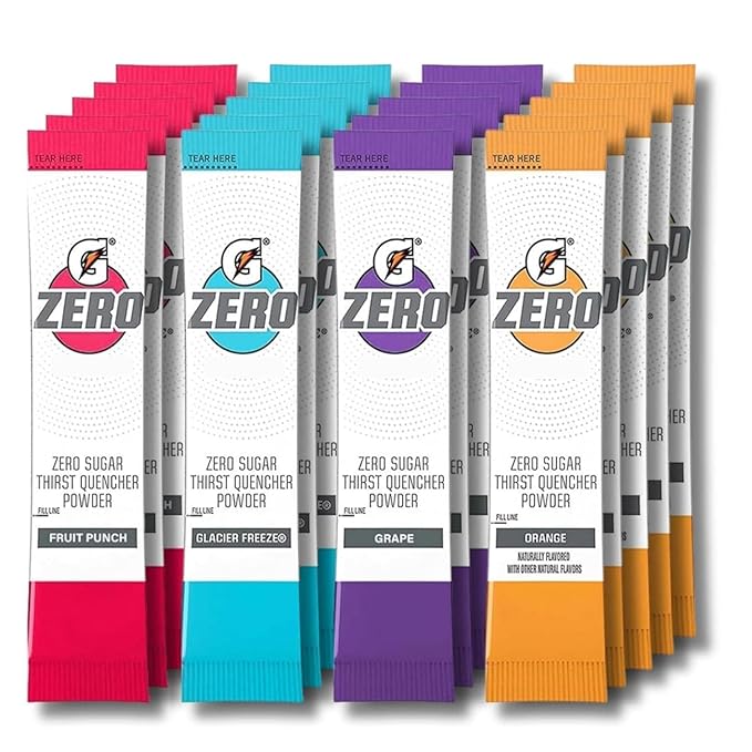Gatorades G Zero Sugar Thirst Quencher Powder (Pack Of 40) 10 Flavors Of Each (Fruit Punch Orange Grape &amp Glacier Freeze)