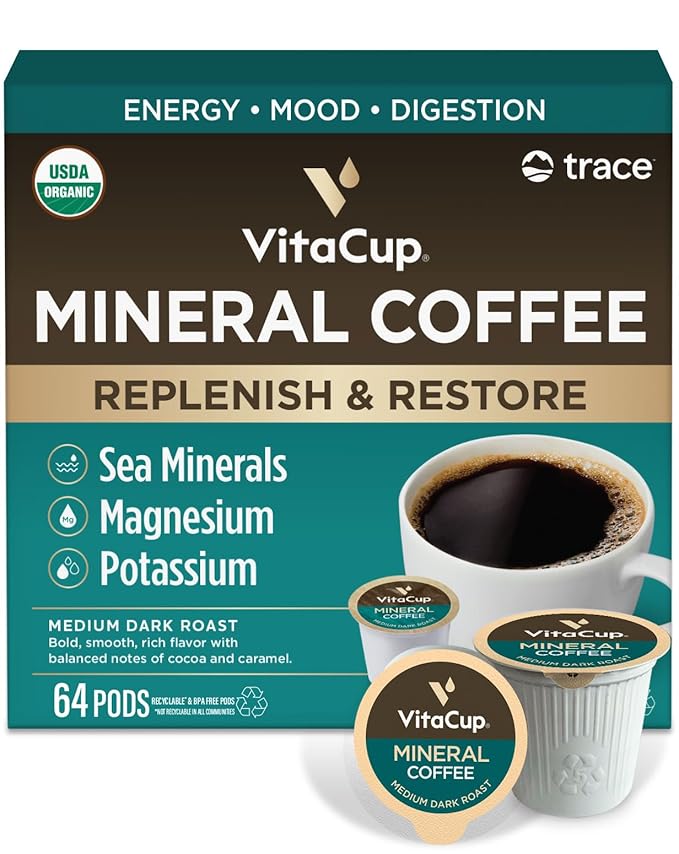 VitaCup Mineral Coffee Pods with Trace Minerals Hydrate Replenish &amp Restore w/Sea Minerals Electrolytes Organic Coffee Medium Dark Roast Single Serve Pod Compatible w/Keurig K-Cup Brewers6