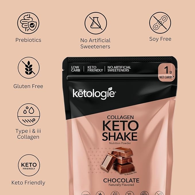 Keto Collagen Shake (Chocolate) - with Coconut Oil Prebiotics Grass Fed Hydrolyzed Collagen Peptides Type I &amp III Low Carb Gluten Free1.78lbs. (810g)