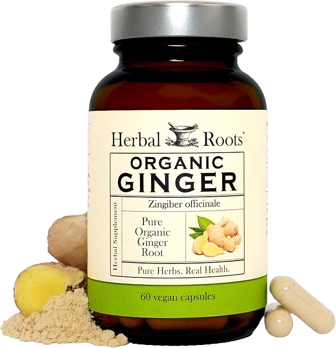 Herbal Roots Ginger Supplement | Organic Ginger Root Capsules | 1200 mg of Pure Ginger Powder per Serving | 60 Vegan Capsules