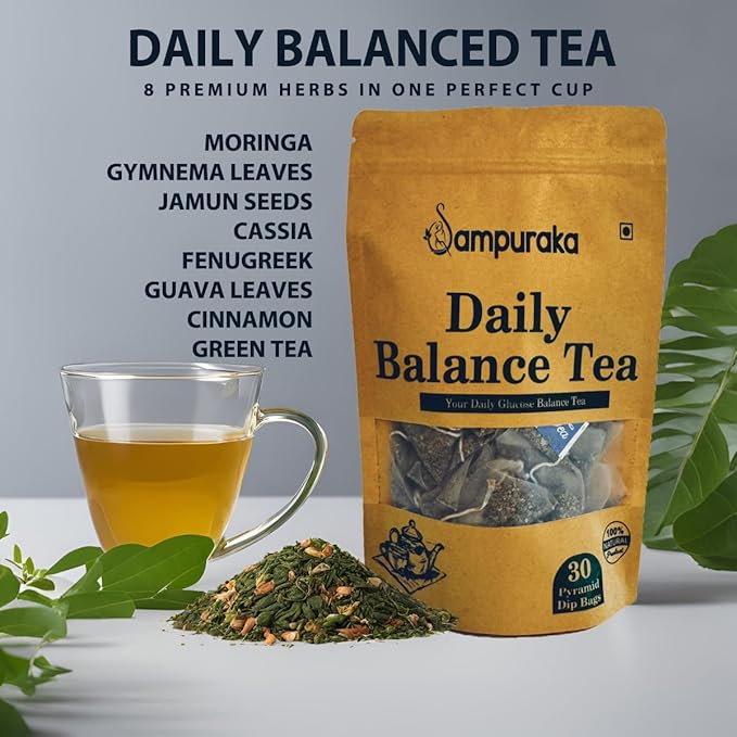 Daily Balance Tea - Natural Herbal Tea with Moringa Gymnema Jamun seeds Cassia Fenugreek Guava leaves Cinnamon - 30 Pyramid Tea Bags (1)