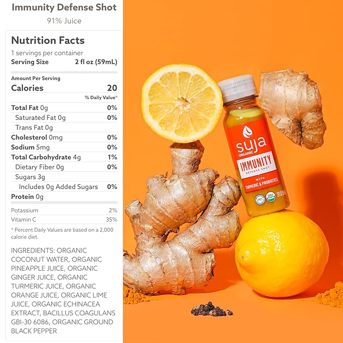 Suja Organic Immunity Defense Shot (60 Pack) with Turmeric and Ginger | Immunity Boost &amp Support | Functional Shots | Cold-Pressed Juice with Live Probiotics | Plant-Based &amp Gluten-Free