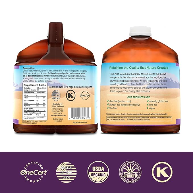 Lily of the Desert Aloe Vera Juice - Organic Preservative-Free Inner Fillet Aloe Vera Drink with Natural Digestive Enzymes for Gut Health Stomach Relief Wellness Glowing Skin 128 Fl Oz