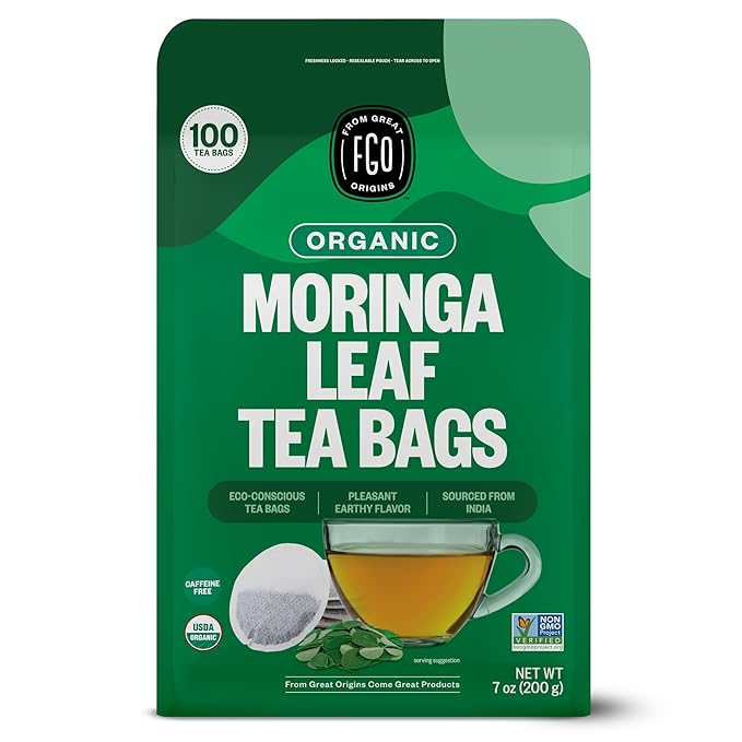 FGO Organic Moringa Mint Tea 100 Count Eco-Conscious Herbal Tea Bags Resealable Bag Caffeine Free Packaging May Vary (Pack of 1)