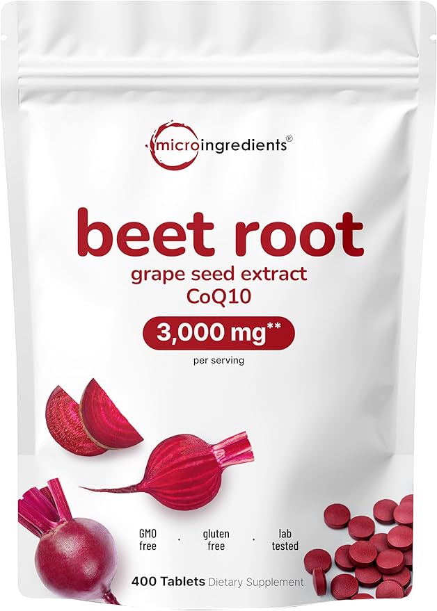 Micro Ingredients Beet Root 3000mg with Grape Seed Extract &amp CoQ10 400 Tablets | 200 Servings | Super Beets Supplements from Fresh Beetroot Extract