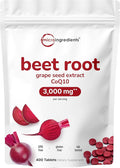 Micro Ingredients Beet Root 3000mg with Grape Seed Extract &amp CoQ10 400 Tablets | 200 Servings | Super Beets Supplements from Fresh Beetroot Extract