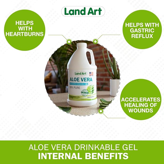 Land Art - Organic Aloe Vera Drinkable Gel for Heartburn &amp Acid Reflux Relief - 99.7% Pure - Cold-Processed - Improves Digestive Health - Soothing and Natural - Vegan &amp Gluten-Free - 64 fl oz