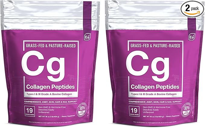 Essential Elements Hydrolyzed Collagen Powder - Joint Skin Hair and Nail Support | Types I &amp III Peptides | Preservative-Free Grass-Fed Hormone-Free Dissolves Easily (2-Pack)