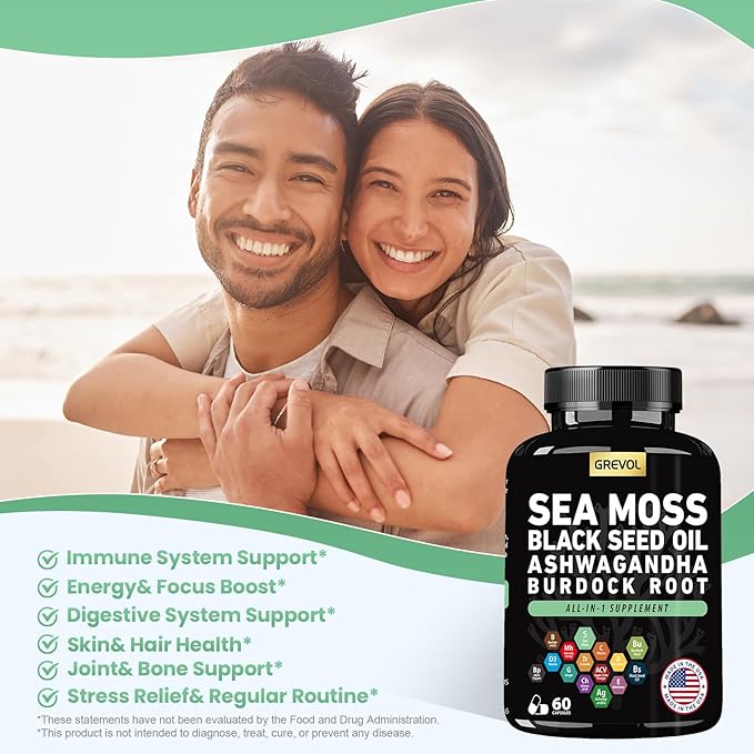 Sea Moss Black Seed Oil Ashwagandha Bladderwrack Burdock Root Turmeric &amp Vitamin C D3 Elderberry ACV Black Pepper - Multimineral Supplement - 60 Count