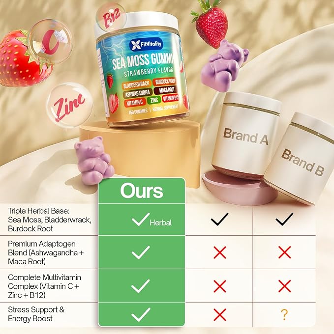 150 Sea Moss Gummies | Strawberry Flavor Vegan Gummies | Extra Rich 9-in-1 Formulation with Irish Sea Moss Elderberry Bladderwrack Burdock Ashwagandha Maca Zinc B12 | Energy &amp Immune Suppor
