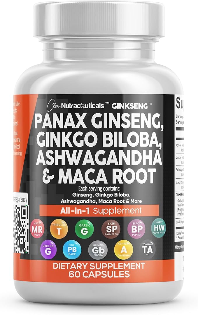 Clean Nutraceuticals Panax Ginseng Ginkgo Biloba Ashwagandha Maca Root - Focus Supplement Pills for Women and Men with Pine Bark Extract Garlic and Saw Palmetto - 60 Caps