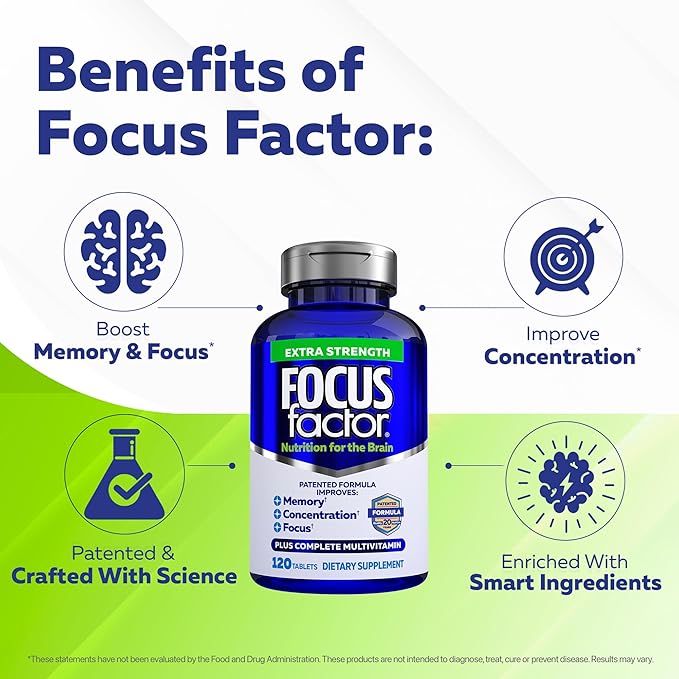 Focus Factor Adults Extra Strength Brain Supplement for Memory Concentration and Focus - Complete Multivitamin with DMAE Vitamin D DHA - Trusted Health Vitamins 120 Count (Pack of 3)
