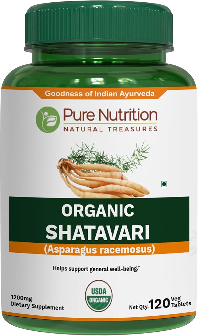Pure Nutrition Organic Shatavari Tablets - 1200mg | 120 Count | USDA Organic | Promotes hormonal Balance &amp Female Reproductive Health | Non-GMO | Gluten-Free