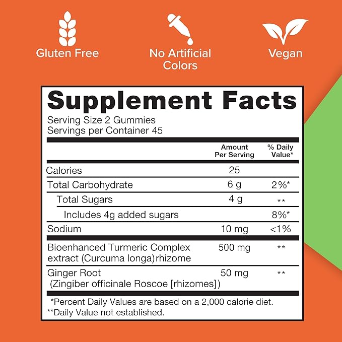 Qunol Turmeric and Ginger Gummies - Joint Support Supplement with Ultra High Absorption 90 Count Vegan and Gluten Free Gummies