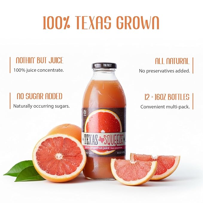 Texas Squeeze Grapefruit Juice NON GMO Verified Texas Grown and Bottled Grapefruit Juice from Concentrate No Sugar Added No Preservatives 16 fl oz Pack of 12