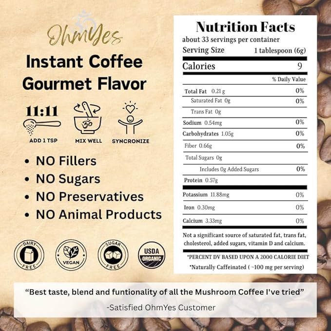 OhmYes Mocha Mushroom Coffee with Pure Cacao | Organic 11 Mushroom Adaptogen Blend (Lions Mane Reishi Chaga Cordyceps) | Premium Chocolate Dark Roast Instant Coffee | Unsweetened | 7oz